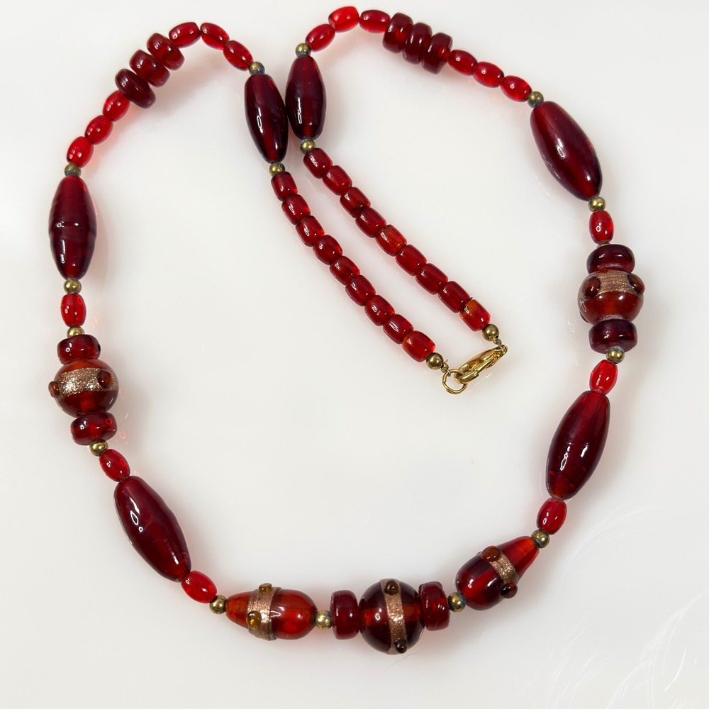 Vintage Red Glass & Lampwork Bead Necklace 24 Inch Lobster Clasp Gold Tone